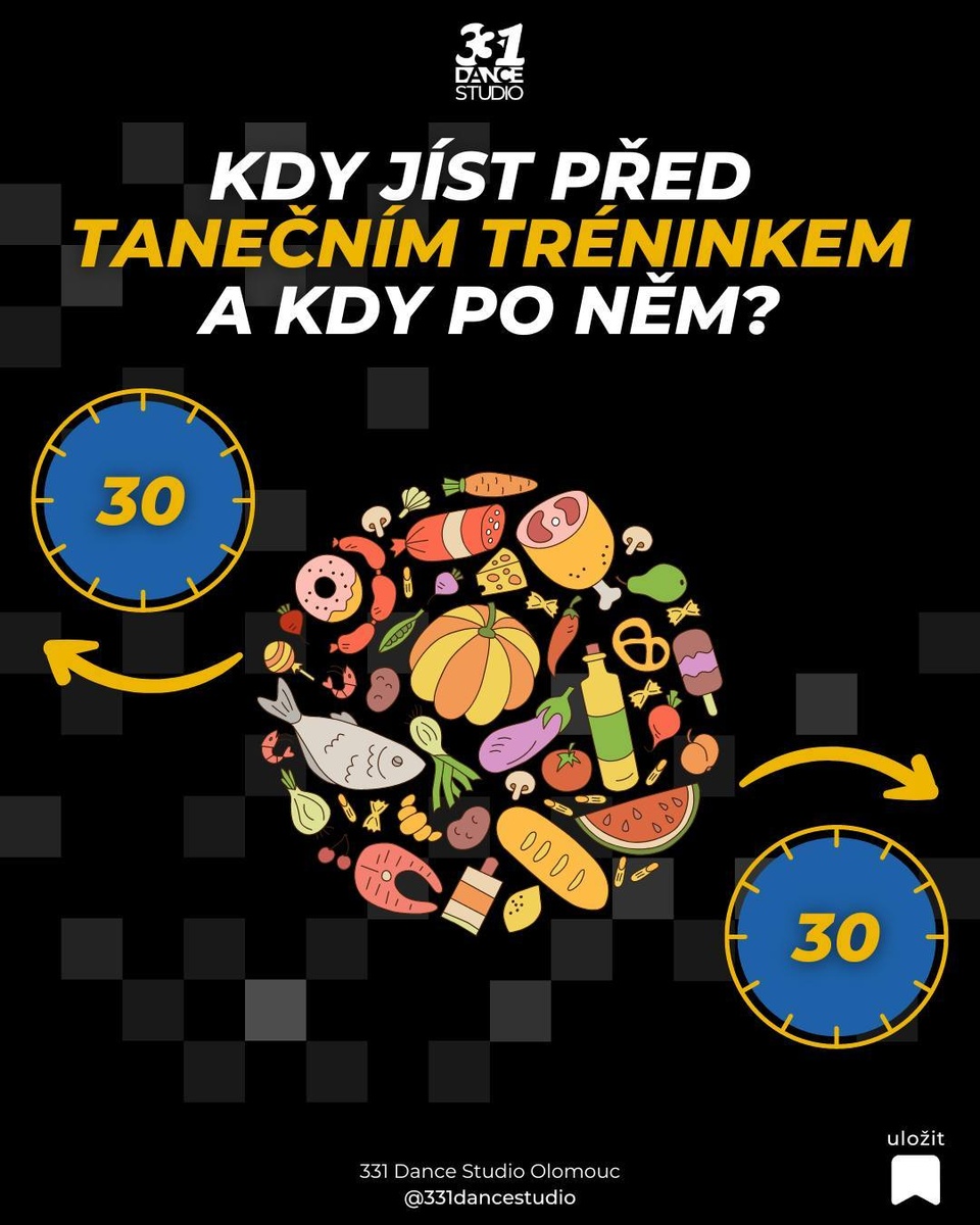 ❓ Kdy jíst před tanečním tréninkem a kdy po něm? 🥗⁠
⁠
Ideálním časovým rozpětím pro konzumaci jídla před tréninkem je cca nejdříve 3 hodiny a nejpozději půl hodiny před započetím tréninkové jednotky. ⁠
⁠
Během tancování, ale i po něm, v organismu dochází k úbytku látek potřebných pro regenerační procesy v těle i pro obnovu energie. Je potřeba je tedy zavčasu doplnit, aby se deficit neprohluboval a nedocházelo tak narušení správného fungování obnovy. Pokud to tedy lze, najez se do půl až třičtvrtě hodiny po ukončení tréninku, tím docílíš efektivního doplnění potřebných látek. ⁠
⁠
➡ Je to moc složité? Tak si prostě zapamatuj pravidlo 30 minut. Najez se nejpozději 30 minut před tréninkem a ideálně 30 minut po tréninku. ⁠
⁠
Dobrou chuť 😋⁠
⁠
Tématu tanec a jídlo se věnujeme v novém článku na našem blogu: ⁠
👉 https://www.331.cz/tanec-a-jidlo/ 👈 ⁠
⁠
#331dancestudio #olomouc #olomouc_city #olomouccity #tanecolomouc #tanec #tance #tanecniskola #tanecnistudio #tanecniskupina #tancovani #tanecni #taneční #tanecnici #tanecnisvet #czechdance #czdance #tanecnitipy #tipyprotanecniky #jaknatanec #jidlo #jidlojezaklad #jidlojeradost #zdravejidlo #jidloprozdravi 