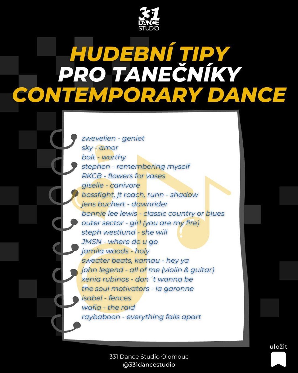 ‼️ Hudební tipy pro tanečníky Contemporary Dance 🎶⁠
⁠
Tancuješ současný tanec, moderní tanec, lyrický tanec nebo třeba jazz? Hledáš novou hudební inspiraci na taneční tréninky, ať už na tanečním sále nebo doma? ⁠
⁠
Máme pro tebe novou várku našich hudebních tipů 😍⁠
⁠
Ulož si tento příspěvek, ať se k písničkám můžeš kdykoliv vrátit. Přejeme fajn poslech a ještě lepší tanec 💙⁠
⁠
Pro další taneční tipy sleduj ⁠
▶️ @331dancestudio ◀️⁠
⁠
#331dancestudio #olomouc #tanecolomouc #tanec #tance #tanecniskola #tanecnistudio #hudba #tanecnihudba #hudebnitipy #hudebnitip #hudbaprotanecniky #hudbanatanec #pisnicky #tanecnipisnicky #hudbanasbavi #music #tancovani #czechdance #czdance #soucasnytanec #modernitanec #contemporarydance #contemporary #moderndance #jazzdance #scenickytanec #vyrazovytanec #moderna