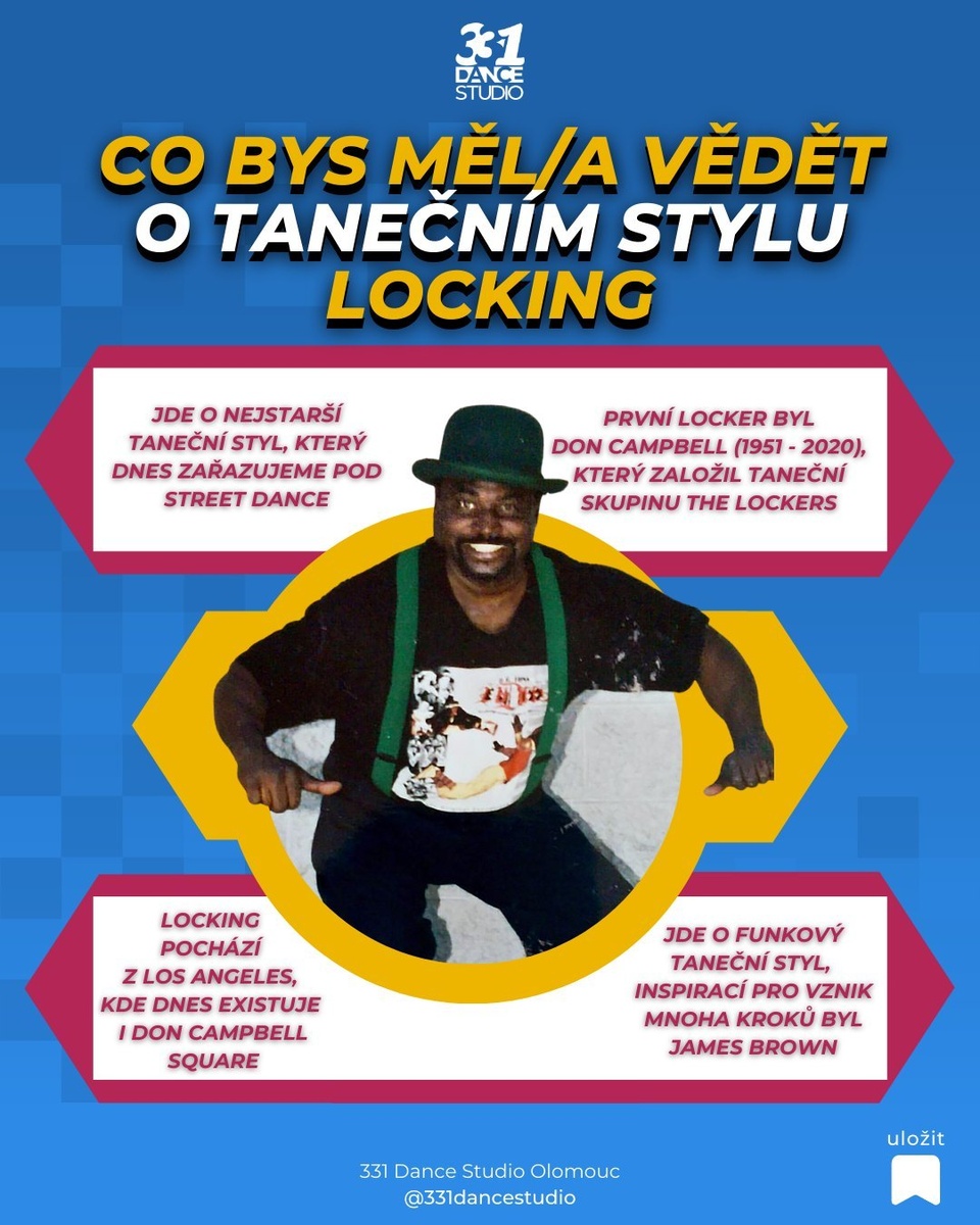 Locking je historicky nejstarší tanec, který dnes řadíme mezi Street Dance 😊 ⁠
⁠
Vznikl už na přelomu 60. a 70. let minulého století v Los Angeles a jeho zakladatelem je Don Campbell. Toho inspiroval svými pohyby především James Brown, ale také třeba Harold a Fayard Nicholasovi, významní představitelé stepu. ⁠
⁠
Poměrně často se mu stávalo, že se zasekl v půlce kroku a nevěděl, jak dál. Jeho divákům se to ale zalíbilo, což dalo základ zaseknutím, které jsou dnes pro Locking typické. ⁠
⁠
Tento taneční styl je pojmenovaný po něm, původně se mu totiž říkalo Campbellocking (lock = zámek, zamknout pohyb).⁠
⁠
👉 Máš rád/a locking? Dej nám vědět do komentářů! ⁠
⁠
Pro další taneční tipy sleduj ⁠
▶ @331dancestudio ◀ ⁠
⁠
#331dancestudio #olomouc #olomouc_city #olomouccity #tanecolomouc #tanec #tance #tanecniskola #tanecnistudio ⁠
#streetdance #locking #doncampbell #tancovani #dnestancim #dnestancujem #tanecnik #tanečník #tanecnisvet #tanecnistyly #taneczije #tancuj #tancujeme #tancim #tancime #czechdance #czdance