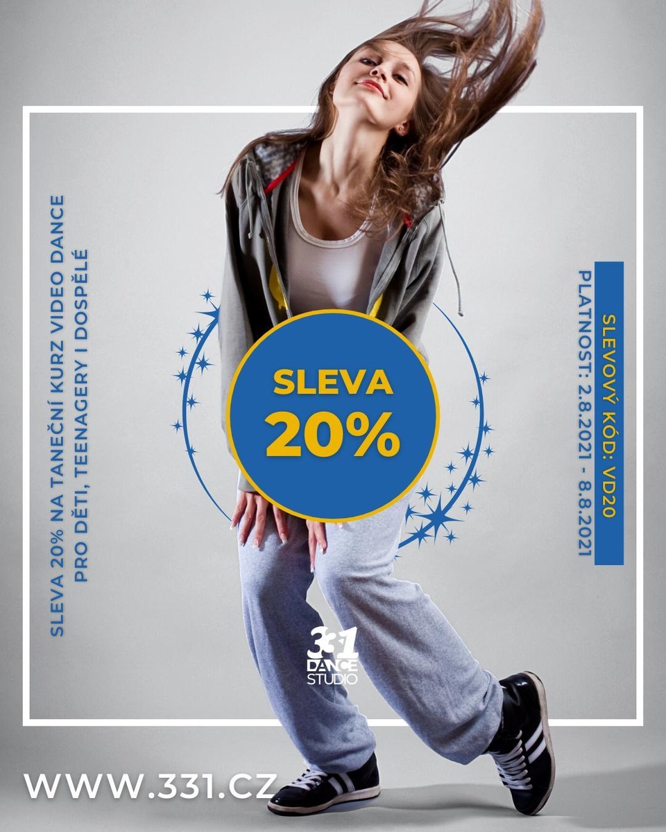 🔥 TANCUJTE SE SLEVOU 🔥⁠
⁠
Využijte jedinečnou slevu 20% na pololetní nebo zvýhodněné roční kurzovné našeho tanečního kurzu Video Dance 💥⁠
⁠
Lekce Video Dance budou probíhat každé pondělí v čase 18:00 - 19:30 v 331 Dance Studiu Olomouc a v každé z nich se naučíte jednu novou a originální taneční choreografie na některý z hudebních hitů, který zrovna ovládá přední příčky hitparád 🎶⁠
⁠
Pokud máte rádi písničky od Rihanny, Black Eyed Peas, Seana Paula, Lady Gaga, Drakea, Justina Biebera a spousty dalších, neváhejte. Přijďte se hýbat, něco se naučit, ale hlavně se skvěle bavit 🥳 ⁠
⁠
Taneční kurz Video Dance není omezen věkem ani tanečními zkušenostmi. Nemusí se bát přihlásit ani úplní začátečníci 😍⁠
⁠
Více informací a online přihlášku najdete na ⁠
✅ WWW.331.CZ/VIDEO-DANCE ✅⁠
⁠
S kódem VD20 získáte slevu 20%, ale pozor! Sleva platí pouze do 8.8.2021, tak toho využijte! 😊   ⁠
⁠
#331dancestudio #olomouc #tanecolomouc #danceolomouc 