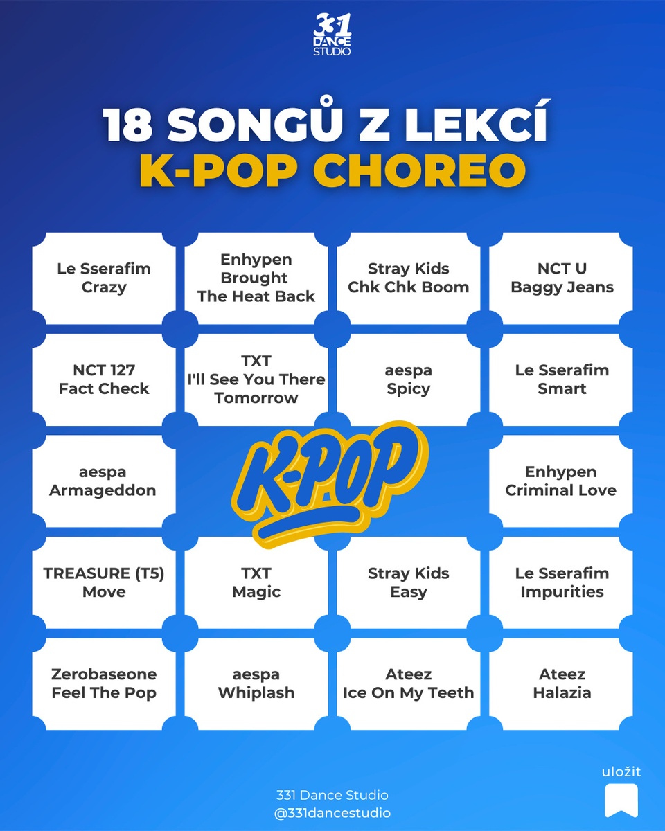 🎵 18 songů z lekcí K-Pop Choreo 😍⁠
⁠
V prvním pololetí taneční sezóny 2024/2025 proběhlo 18 tanečních lekcí kurzu K-Pop Choreo a naši tanečníci se naučili choreografie na těchto 18 songů 🎧⁠
⁠
O každém z nich rozhodli sami tanečníci, a to prostřednictvím hlasování ve stories na našem Instagramu. ⁠
⁠
Za týden startujeme druhé pololetí taneční sezóny a čeká nás 18 dalších skvělých k-pop choreografií 😍⁠
⁠
❓ Chceš se přidat? 🫵 Právě teď je ideální čas. Mrkni na www.331.cz/k-pop choreo (nebo se na web proklikni z našeho profilu) a rovnou vyplň přihlášku 😊 Těšíme se! ⁠
⁠
Jestli se ti tento příspěvek líbí ⤵️⁠
⁠
❤️ dej mu lajk ⁠
✍️ napiš do komentářů svoje postřehy⁠
💟 sdílej ho⁠
🏷 sleduj @331dancestudio ⁠
⁠
Nebo si s námi přijď rovnou zatancovat ⤵️⁠
⁠
✅ Taneční lekce v Olomouci: ⁠
👉 www.331.cz/olomouc 👈⁠
⁠
✅ Taneční lekce v Praze:⁠
👉 www.331.cz/praha 👈⁠
⁠
#331dancestudio #olomouc #olomouc_city #olomouccity #tanecolomouc #tanec #tance #tanecniskola #tanecnistudio ⁠#tanecnitipy #tipyprotanecniky #tancovani #tanecni #taneční #dnestancim #dnestancujem #tanecnisvet #taneczije #tancuj #tancujeme #tancim #tancime #dance #kpop #k-pop #volomouci #kamvolomouci #choreografie #choreo #331family