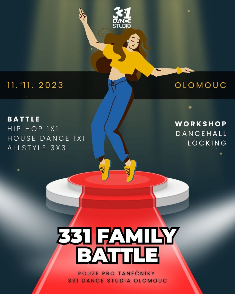📣 331 Family Battle 🥳⁠
⁠
Už tuto sobotu 11. listopadu 2023 organizujeme pro všechny tanečníky a tanečnice 331 Dance Studia Olomouc tréninkový 331 Family Battle, a to v kategoriích Hip Hop 1x1 (zvlášť děti, junioři, dospělí), House Dance 1x1 a Allstyle 3x3. ⁠
⁠
Těšíš se? 😍 ⁠
⁠
Jestli se ti tento příspěvek líbí ⤵️⁠
⁠
❤️ dej mu lajk ⁠
✍️ napiš do komentářů svoje postřehy⁠
💟 sdílej ho⁠
🏷 sleduj @331dancestudio ⁠
⁠
Nebo si s námi přijď rovnou zatancovat ⤵️⁠
⁠
✅ Taneční lekce v Olomouci: ⁠
👉 www.331.cz/olomouc 👈⁠
⁠
✅ Taneční lekce v Praze:⁠
👉 www.331.cz/praha 👈⁠