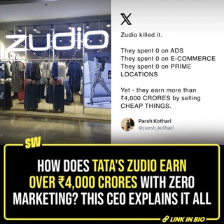 Tata's Zudio was launched in 2016, and as reported earlier this month, by the end of 2023, its revenues were estimated to be in excess of ₹4,000 crore. How did the affordable fashion brand become a big success story in 7 years? Well, a more simplistic explanation would be it tapped the right audience - if retail therapy is your addiction, but the degrading bank balance, a buzz kill, Zudio perfectly falls in that bracket. 

But Parsh Kothari — co-founder and CEO of Think School, a start-up that aims to provide affordable business education — provided a more detailed explanation for this.

Like most big brands available out there, the unique thing about Zudio was that it wasn't targeting top-tier markets. For that, Tata already had Westside as their premium fashion brand. Zudio was aimed at youngsters who are not as amused by the idea of spending 3000 bucks on a single shirt.

If you've ever visited Zudio, you'd know the brand hosts shoes worth ₹300, trousers worth ₹400, and literally all of their collection is priced at less than ₹1000.

But how do they manage to keep their prices so low? Why do we never catch a Zudio ad on TV? And still keep growing? Click the Link in Bio to find out.

#SWEditDesk #Zudio #tata 

✍: @sabharwalvas
