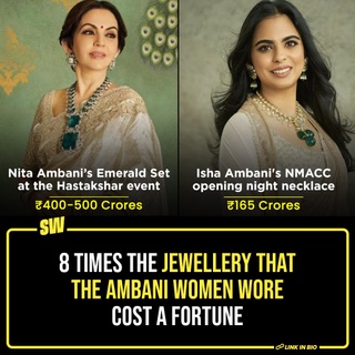 In the spirit of the pre-wedding celebrations of Anant Ambani and Radhika Merchant taking over the entire nation's IG feed, we've decided to dedicate a story to the Ambani family's lovely and nothing short of stunning jewellery collection. Because have you SEEN the kind of jewellery they wear? Hello? Not only are they a fashion statement, but we can't help but be curious about the cost of these hefty pieces.

Click the Link in Bio to take a look.

#SWEditDesk #AmbaniWedding #MukeshAmbani #ambaniprewedding