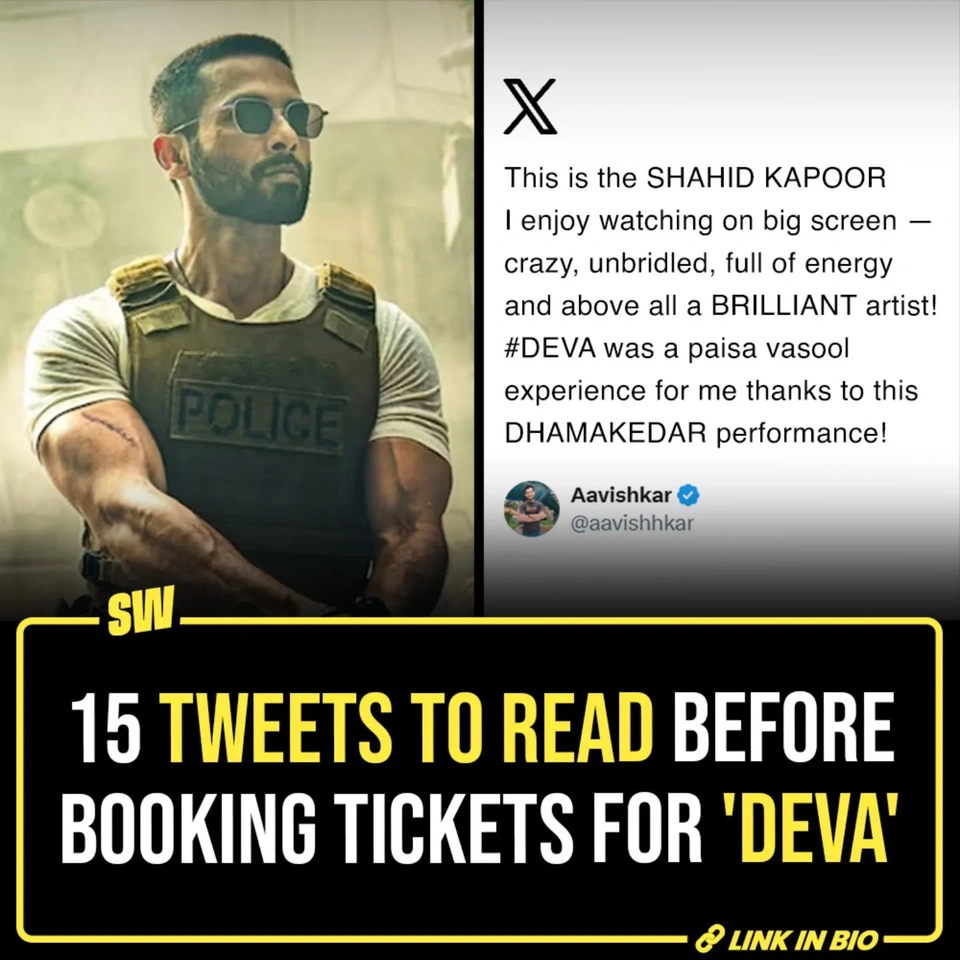Shahid Kapoor’s much-anticipated action thriller Deva has finally hit the big screens, and fans have a lot to say - right from Shahid’s intense performance to discussing the film’s gripping action sequences. Directed by Rosshan Andrrews and produced by Zee Studios and Roy Kapur Films, Deva has sparked excitement among action film lovers. If you’re curious to see what the hype is about, check out the reviews and decide if it should be your next watch.

✍️: @notsopreet

[Bollywood, Twitter Reviews, Deva, Action, Thriller]

#SWEditDesk
