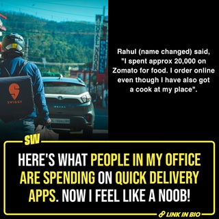 A few days back, I shared my experience with online delivery apps and how I spent almost ₹30,0000 in the span of 8 months on unnecessary things. However, the internet was quick to call me a “rookie”, quoting that there are people who spend that amount in just one month. I didn’t subscribe to this and hence did my own little research and guess what - I am actually a noob! I asked around in my office and turns out, people are spending far more on these apps for their essential and non-essential needs. Even more than ₹30,0000 in a month! Tap the link in the bio to find how much people in my office spend on quick commerce apps and comment down if you are also someone who spends so much.

(P.S: I know I am unhealthy and lazy)

@notsopreet

[Zepto, Blinkit, Quick Commerce, Instamart]

#SWEditDesk