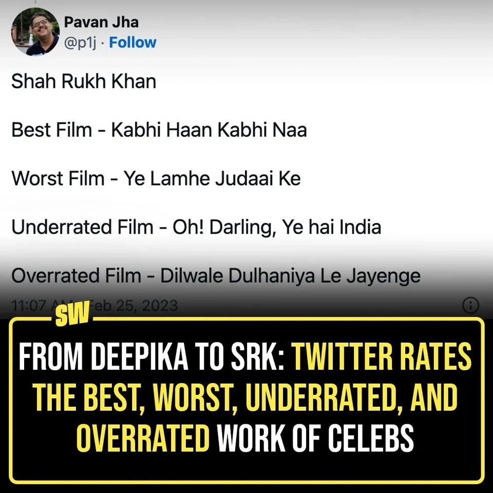 If you have been active on social media recently, you would have noticed people sharing the best, worst, underrated, and overrated works of many artists and actors. This Twitter trend has given us some gems of responses.

Tap the link in our bio to read these responses and see what’s brewing on Twitter for yourself.