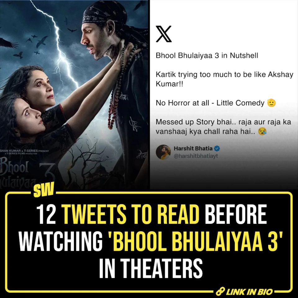 The third installment of the 'Bhool Bhulaiyaa' franchise brings back the star of the first movie, Vidya Balan and the latest edition is Madhuri Dixit, both of whom seem to be playing Manjulika.

Click the link in the bio to find out what people are saying about the film. 

✍️: @soumyasekhardas 

[ Bhool Bhulaiyaa 3 , Kartik Aaryan, Madhuri Dixit , Vidya Balan ]

#SWEditDesk