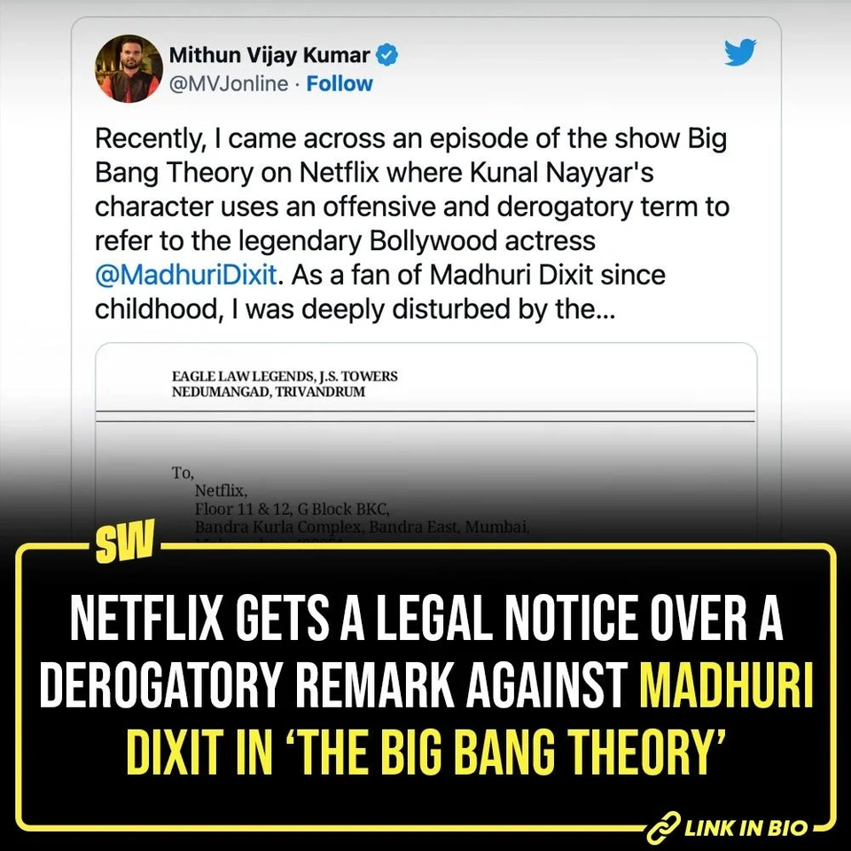 Netflix has found itself in a soup. Recently, a political analyst sent a legal notice to the OTT streaming giant over the use of a “derogatory term” against Bollywood actress Madhuri Dixit in the hit American sitcom, The Big Bang Theory. Tap the link in our bio to know all about it!