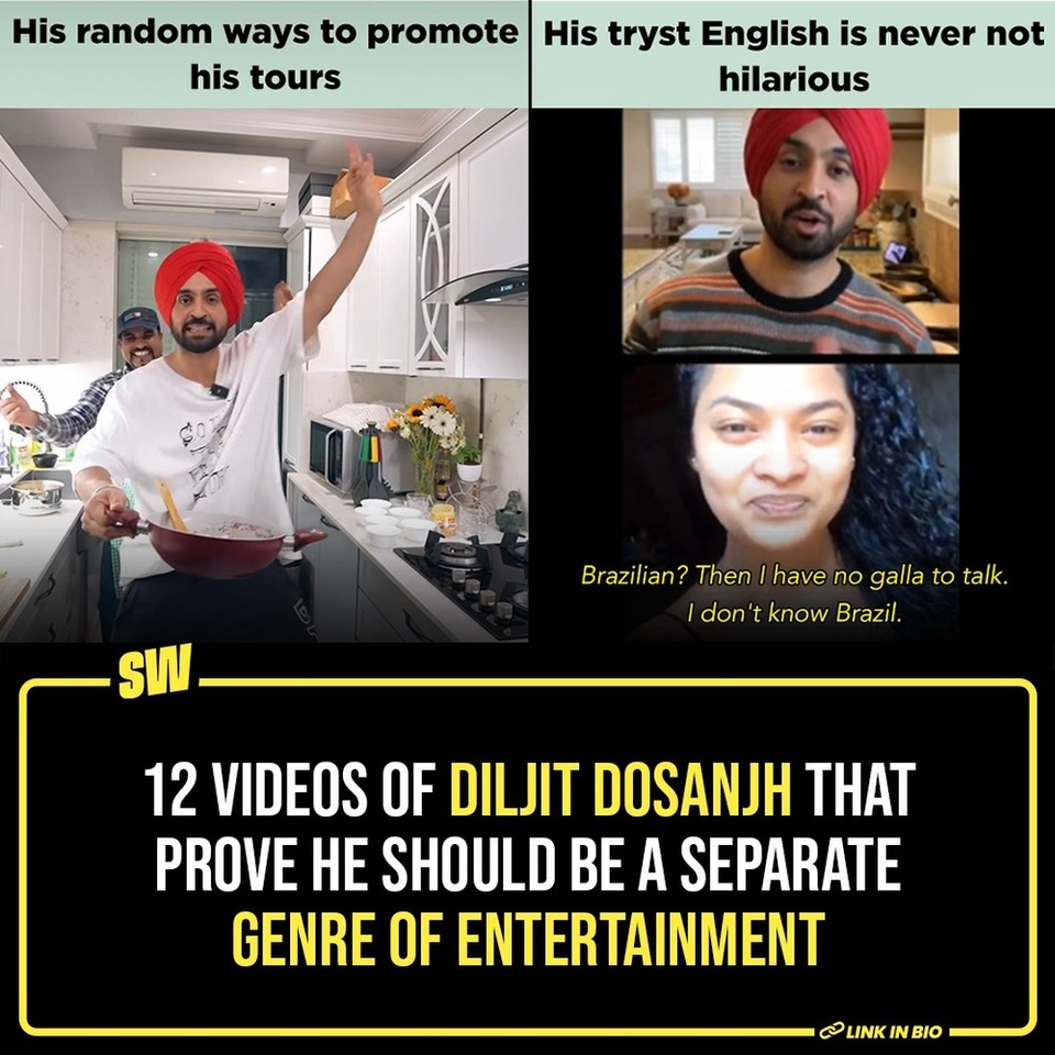 There need not be a list of reasons to love someone. Sometimes, even one excuse is good enough. But with singer-actor-entertainer Diljit Dosanjh, there is no end to our motivation. There’s something about his personality that is so authentically endearing on the top of his gripping music that makes him the favourite recipient of our love. 
We can give you a million reasons that would probably convey the same thing, but if you’ve paid close attention to Dosanjh’s social media, you’d know he’s a true entertainer both on and off stage. In fact, tap the Link in Bio to know why Diljit Dosanjh should be a separate genre of entertainment altogether.

#SWEditDesk @sabharwalvas