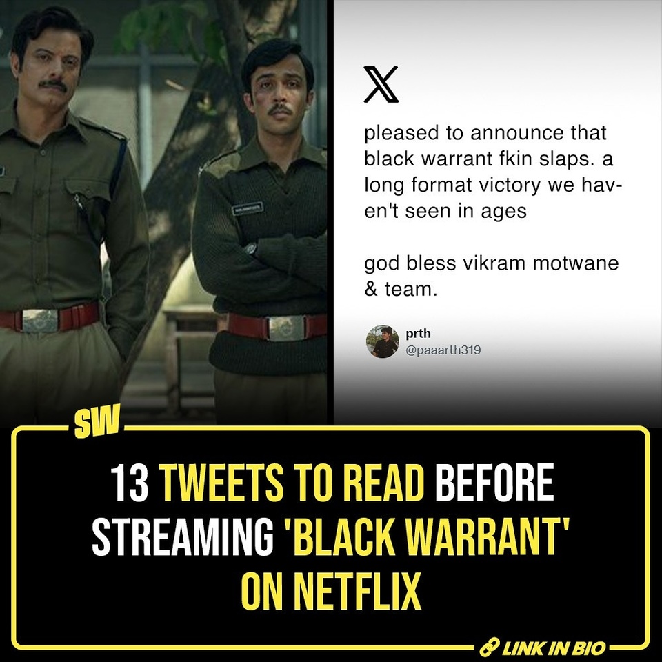 Though a huge fan of the works of Vikramaditya Motwane and Satyanshu Singh, I came to know about their new collaboration ‘Black Warrant’ quite late, just around its release 3 days ago. However, since then, my social media feed has been filled with unanimous praise for the show based on the book of the same name by a former jailer of Tihar Jail. In telling the stories of real-life infamous criminals like Charles Sobhraj and Ranga-Billa, the show eerily reminded me of the show ‘Mindhunter’. Here’s what the netizens are saying about this show on Twitter.

@soumyasekhardas

[  Black Warrant , Netflix , Vikramaditya Motwane , Tihar , Zahan Kapoor ]

#SWEditDesk