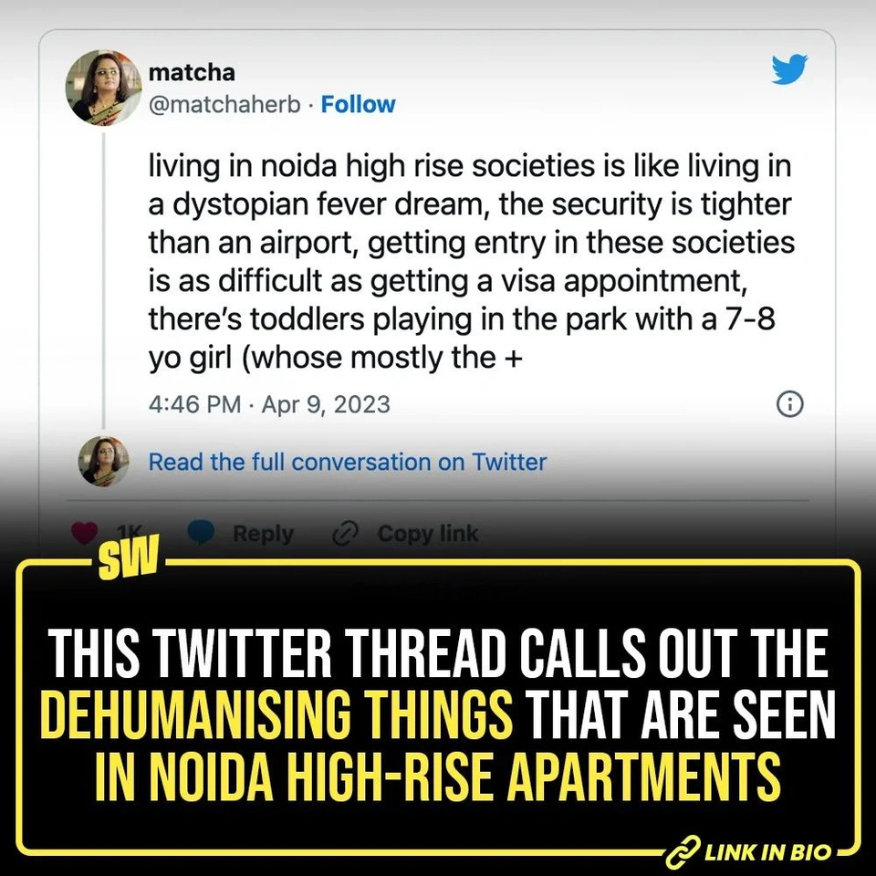 There are certain places in India that make you feel like you are not living in India. Here, we are talking about those places that feel very dehumanising. Quite recently, a Twitter user summed that feeling up by equating that dystopian feeling to living in a high-rise residential complex in Noida. 
Taking to Twitter, a user who goes by the name Matcha, revealed how living in a Noida high-rise society is like “living in a dystopian fever dream”. Tap the link in our bio to take a look at the twitter thread!
#Viral #SWEditDesk #Noida