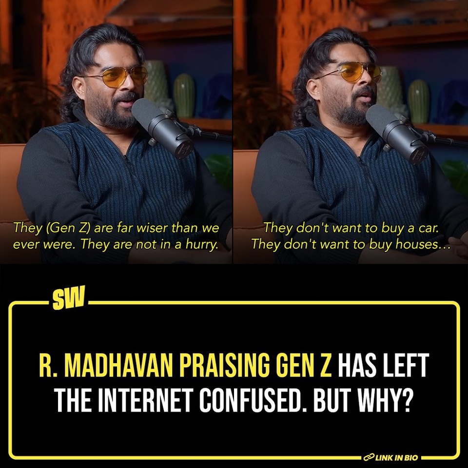 A short clip of actor R. Madhavan talking about his son Vedaant Madhavan and his perception of Gen Zs has extracted some super interesting reactions from people online. The clip is from an interview with Ranveer Allahbadia aka BeerBiceps, for his podcast The Ranveer Show. In the episode, one of the things R. Madhavan talked about was how he considered Gen Z to be frugal, wise and peaceful. And of course, this has caused some commotion among the viewers.

But all this discourse has left me wondering why people are so triggered by a celebrity describing Gen Zs so positively

Click the Link in Bio to read more. 

#SWEditDesk @quaintharshita
