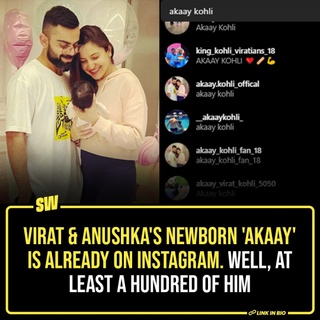 The thing with celebrity kids is that they have committed online fandoms even before they are born. Star couple Virat Kohli and Anushka Sharma announced the birth of their newborn son 'Akaay' on Instagram yesterday, and what followed was pure madness. 

You see, the very second his name was revealed to the world, he was on social media. In fact, hundreds of 'Prince Akaay' & 'Baby Kohli' fake accounts cropped up thanking mommy and daddy for their birth. Like, for real. Click on the Link in Bio to check them out.

#SWEditDesk #viratkohli #anushkasharma