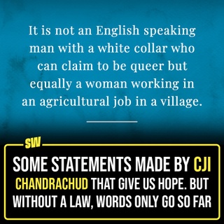 A five-judge bench headed by CJI DY Chandrachud refused to recognize same-sex marriage today. The bench said that it leaves it to the legislature to make a decision. It also differed on adoption rights for queer couples and because of disagreements, queer couples were not given adoption rights. While CJI DY Chandrachud was reading out his judgments, he passed some statements that deserve to be duly noted. Having said that, without laws to back the words, things practically remain the same for the queer community. Click the link in the bio to read the statements by the CJI.
 
#SWEditDesk #MarriageEqual #samesexmarriage