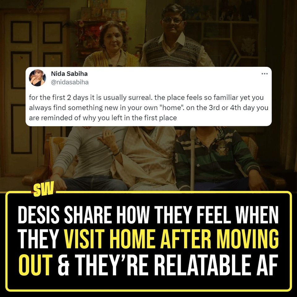 Moving out is a right of passage that everyone needs to experience in life. It’s a huge character development move and you’ll definitely come out the other end as a person who has undergone immense personal growth. But that doesn’t mean a lack of downsides or uncomfortable moments. You do miss home, you do miss your family (no matter how much they get on your nerves), and so there is a sense of longing you feel at times.

Click the Link in Bio to check out how Desi GenZs feel about visiting home after they've moved out. It is a stark reminder that adulting is such a complicated process; we really do deserve to give ourselves more grace in life!

✍: @quaintharshita 

#SWEditDesk #MovingOut #GenZexperience