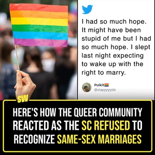 In what could have been a landmark judgement to correct the wrongs done by society towards the queer community, the Supreme Court chose to not recognize same-sex marriages. According to the judgement passed by the five-judge bench headed by CJI DY Chandrachud, the Supreme Court said no to same-sex marriages and also denied queer couples the right to adopt a child. They left the matter in the hands of the legislature. Click the link in the bio to know how the queer community reacted to the issue.

#SWEditDesk #MarriageEqual #samesexmarriage