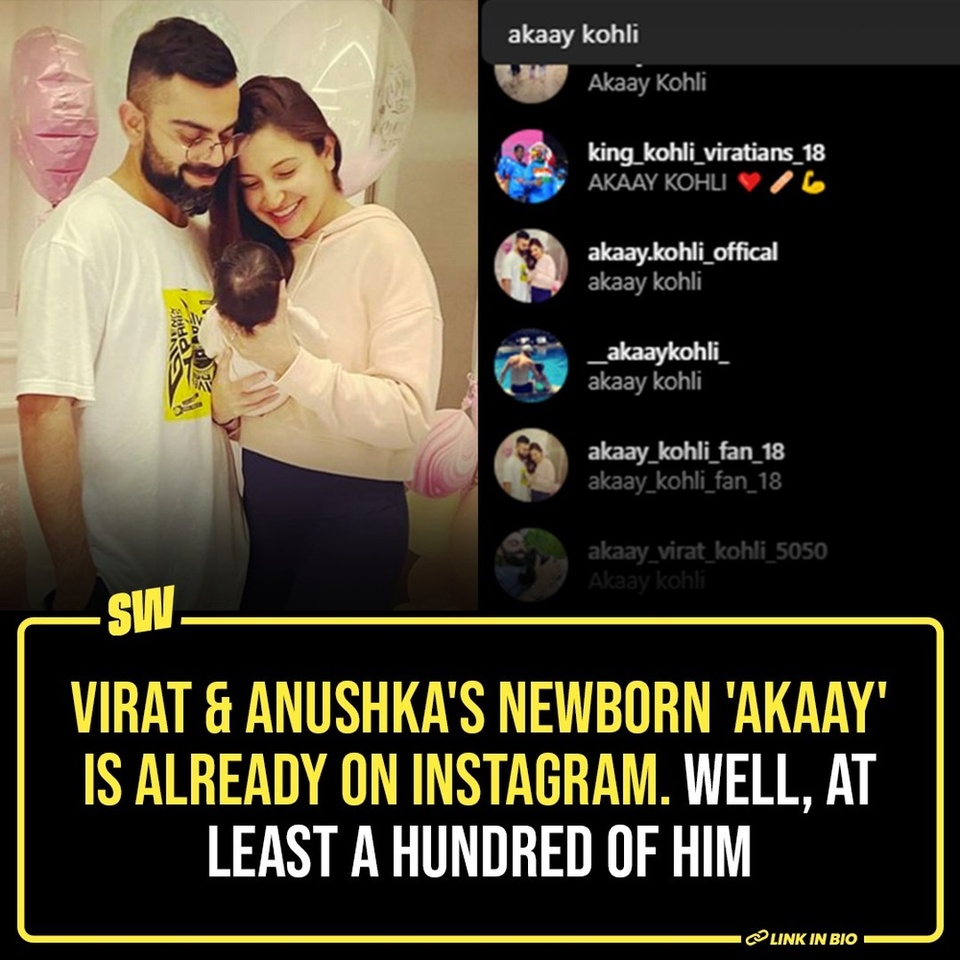 The thing with celebrity kids is that they have committed online fandoms even before they are born. Star couple Virat Kohli and Anushka Sharma announced the birth of their newborn son 'Akaay' on Instagram yesterday, and what followed was pure madness. 

You see, the very second his name was revealed to the world, he was on social media. In fact, hundreds of 'Prince Akaay' & 'Baby Kohli' fake accounts cropped up thanking mommy and daddy for their birth. Like, for real. Click on the Link in Bio to check them out.

#SWEditDesk #viratkohli #anushkasharma