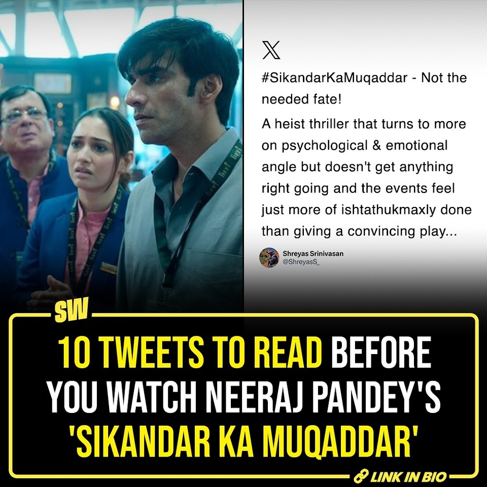 The much-anticipated Bollywood crime-thriller Sikandar Ka Muqaddar released this Friday on Netflix. It’s based on a diamond heist that involves Jimmy Shergill, who plays the role of an investigating officer, chasing after his three prime suspects portrayed by Rajeev Mehta, Tamannaah Bhatia, and Avinash Tiwary. Will he be able to unmask the real robber and recover the stolen solitaires? 

@parulrajwanshi

[ Crime Thriller , Neeraj Pandey , Bollywood , Netflix ]

#SWEditDesk