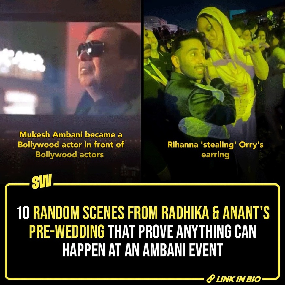 It's happened. The pre-wedding celebrations by the Ambani family for Anant Ambani and Radhika Merchant took place over the weekend, and well, they were otherworldly. We know this primarily because social media is still overloaded with videos and clips of every teeny-tiny moment from the 3-day-long extravaganza in Gujarat's Jamnagar.

It's not just the itinerary for the event that was grand. You see, we knew already how magnificent it was gonna be, after all, it was an Ambani celebration. But those scenes and the recorded instances re-iterated that Mukesh Ambani and his family can do anything and everything, bringing to reality sights that could otherwise only exist in the wildest dreams.

Click the Link in Bio to check out 10 moments from Anant Ambani and Radhika Merchant's pre-wedding that proved anything can happen at an Ambani event.

#SWEditDesk #anantambani #wedding #jamnagar