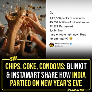 Gone are the days when New Year’s Eve meant gathering in front of the TV set with your family and watching Pan Masala sponsored award shows. For the lives in a metro, now it’s mostly about house parties. However, apart from the vibes and alcohol, what ensures that ‘we do party all night’? It’s the quick delivery apps. From every packet of chips torn to every glass of Coke spilled, we instantly open these quick commerce services. This New Year, some big shots of these big gun Q-commerce platforms decided to make a live tweet spectacle of all that was ordered and delivered. Click on the link in the bio to know how India partied on the 31st and what all it ordered that will benefit from the recent ‘delete order history’ feature.

@soumyasekhardas

[ BlinkIt , Swiggy , Instamart , CEO , New Year , Party , Orders , Delivery ]

#SWEditDesk