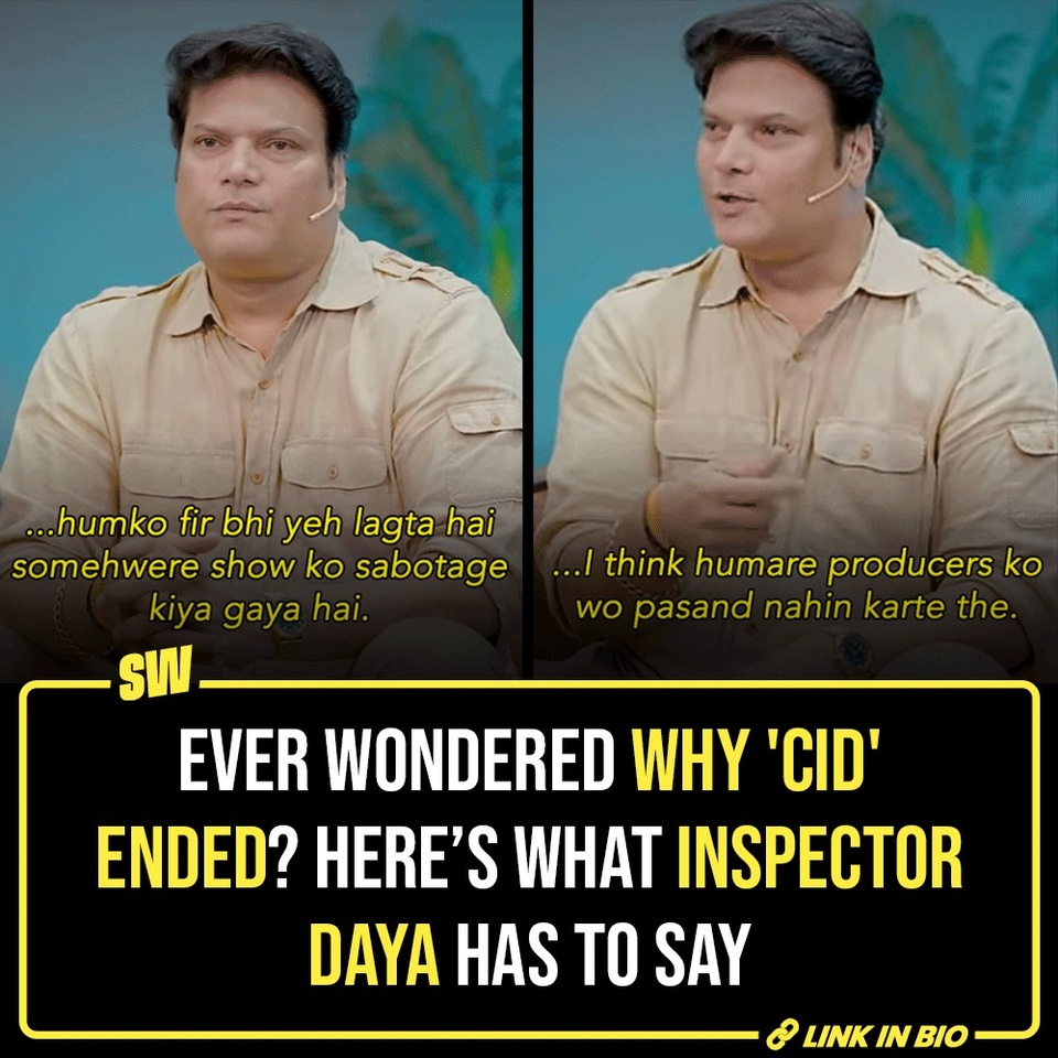 It was the year 1998. TV channel Sony was premiering a new Indian police television show unbeknownst to the legacy it was about to create. It was CID. Watching ACP Pradyuman, Sr. Inspector Abhijeet, and Sr. Inspector Daya and their adventures became a habit for an entire generation of audience for 21 long years. 

CID was the big pop culture breakthrough for Indian TV. Each new investigation brought a sense of all-enveloping mystery as the viewers grew accustomed to watching the crew and their antics almost every day. It's been over five years since the show concluded, but 'Kuch toh gadbad hai, Daya' still manages to invoke a familiar sense of belongingness and opens the memory gate.

But why did CID end? Why did the show with a stature as big as that meet an abrupt end? Well, the answer's not all too simple, given it did not die because the show was running out of ideas or the actors did not wish to continue. The actual explanation is a bit more complicated, and as it turns out, the seeds to bring a 'forced' end to the superhit show were sown two years before its final episode aired.

Click the Link in Bio to know what Inspector Daya had to say.

#SWEditDesk #CID #InspectorDaya #acppradyuman 

✍: @sabharwalvas