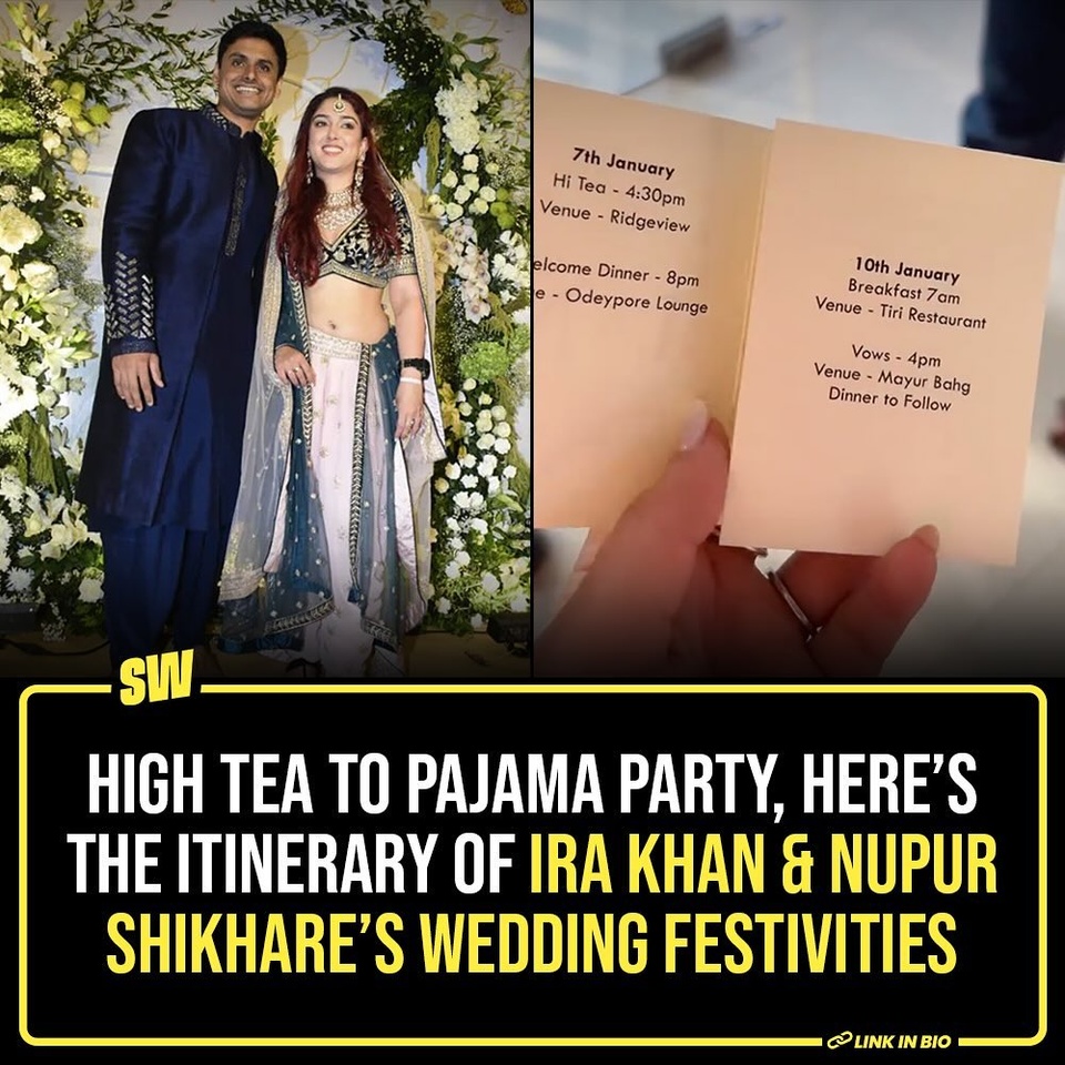 As we all know Ira Khan and Nupur Shikhare’s wedding festivities have begun. Last week, the world saw the two sign their papers before they really dived into the rituals and ceremonies of the wedding. The schedule of the Udaipur wedding of the couple was recently shared by Ira Khan herself. 

Click the Link in Bio to check out the itinerary. 

#SWEditDesk #IraKhan #irakhanwedding