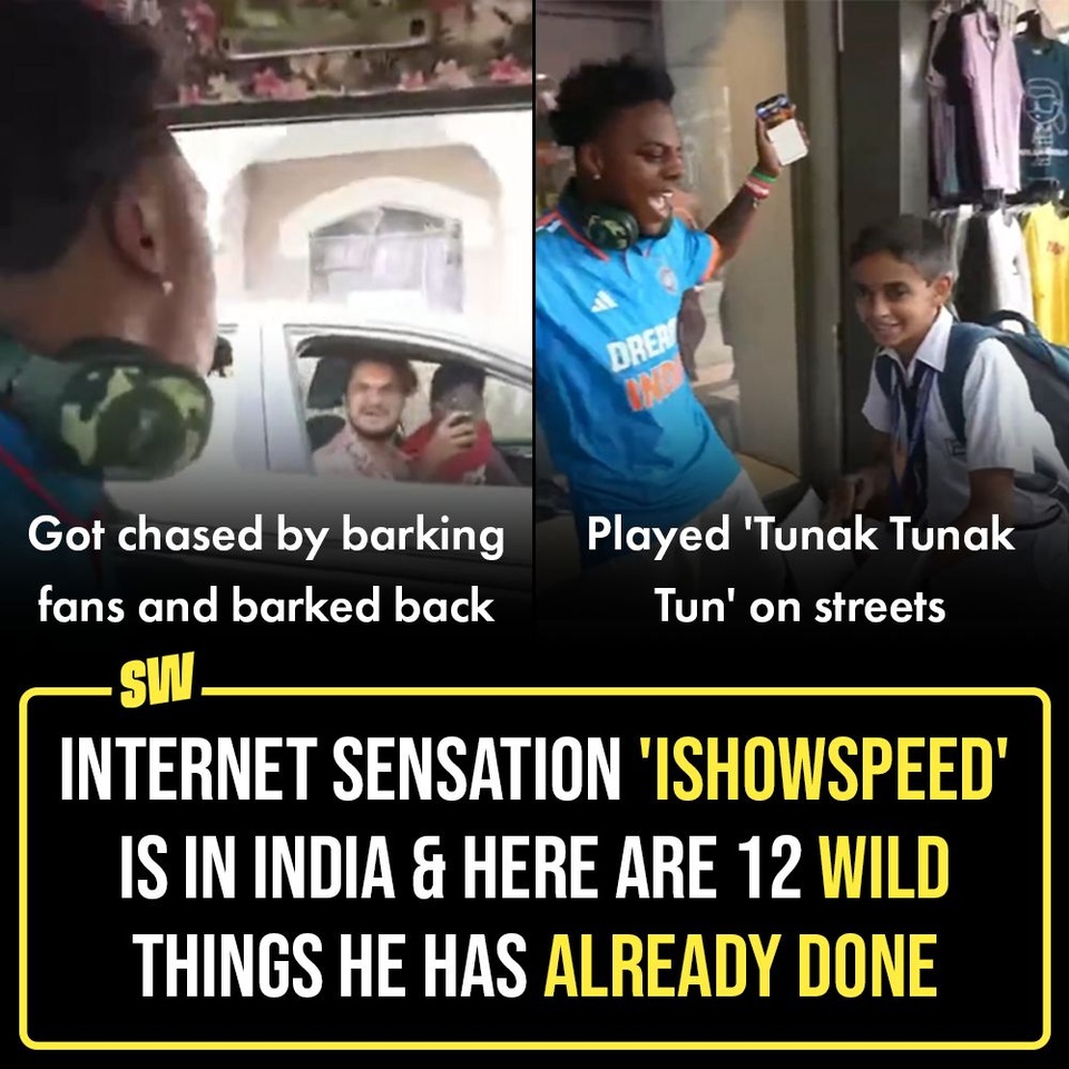 Indian fans who've followed 'IShowSpeed' and watched him go absolutely berserk at Daler Mehendi's 'Tunak Tunak Tun' while screaming 'Vyrat Kohli' to anything Indian were IN for a surprise on Thursday. The viral Internet sensation landed in Mumbai streets and strolled around wearing Kohli's jersey just ahead of #IndVsPak World Cup match on Saturday.

Click on the Link in Bio to see some really chaotic and WILD things Speed has already said and done within a day in India.

#SWEditDesk #ishowspeed #WorldCup2023