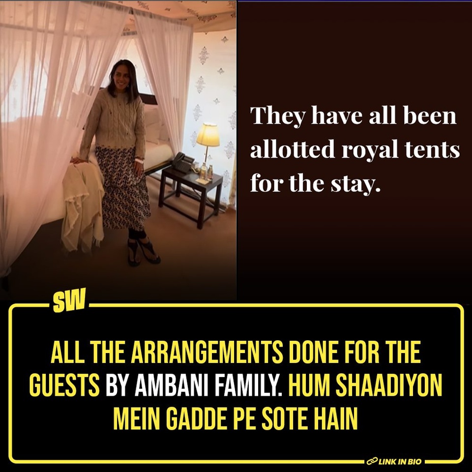 Anant Ambani and Radhika Merchant are getting married. But before that, there are ‘smaller’ pre-wedding festivities taking place in Jamnagar. Since this is an Ambani wedding, we are getting to see things we never expected – yet again. However, the provisions that they have for the guests, including the big and small services are especially luxurious. I mean, luxury is an understatement at this point.

Click the link in the bio to read more. 

#SWEditDesk #Ambani #AnantAmbani #RadhikaMerchant #AmbaniWedding

@manyailawadi