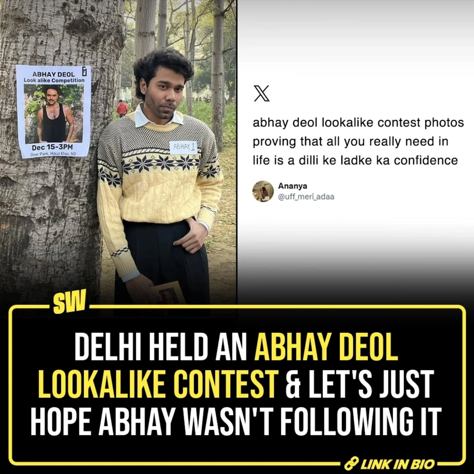 Films From Underground recently organized an Abhay Deol lookalike competition in Delhi where the participants turned out to be everything but Abhay Deol lookalikes. Though they didn't even remotely resemble Abhay, they deserve 10/10 for the confidence and self-belief to show up and do it for the plot.

✍️: @notsopreet

[Abhay Deol, Lookalike Contest, Delhi]

#SWEditDesk