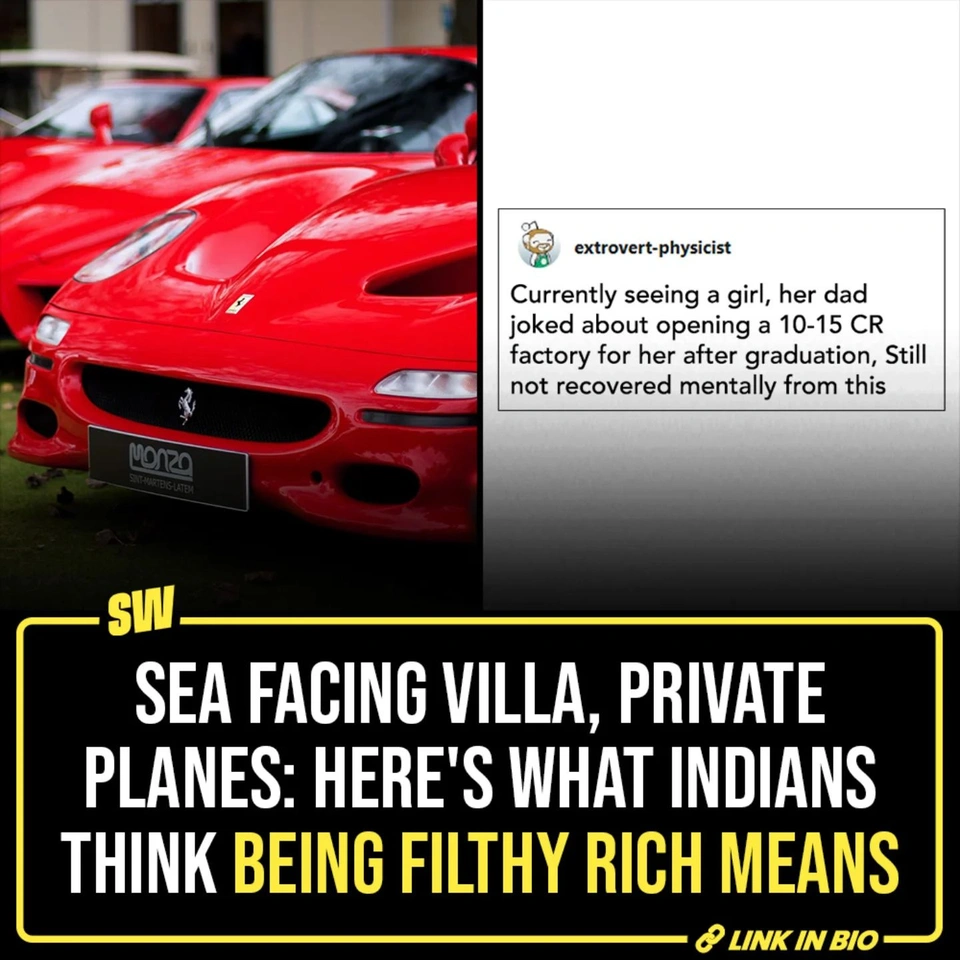 100 crores or 1000 crores? In a viral Reddit thread, Indians share their idea of being filthy rich, and the lifestyle and habits it brings with it. Be it a private jet, huge bungalows, or one carton of almond milk, the responses cover a lot. Tap the link in the bio to read more

@notsopreet

[Rich Indians, Reddit, Viral]

#SWEditDesk