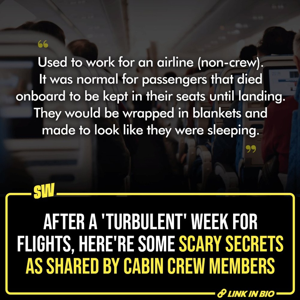 A lot has been happening in the aviation industry these days. Clearly, flights are not for beginners because anything could happen…ANYTHING. We live in times where we trust trains more, solely because they’re a lesser threat. These are dark times. So, like any normal person, I spiraled into thinking about possible dark secrets of airplanes – what happens when we’re not watching. And guess what? These trust issues paid up because we know NOTHING.

Click the link in the bio for some secrets from airplanes, shared by flight attendants.

#SWEditDesk

@manyailawadi