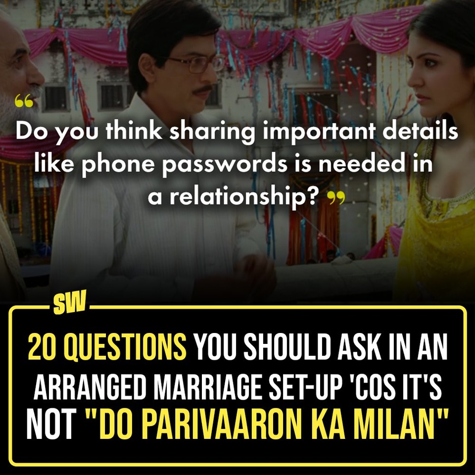 We all have our opinions around marriage, especially when it is an arranged marriage set-up. While it's a choice, our society rarely leaves room for exploration when it comes to finding a partner in such a set-up. There are better ways to deal with an arranged marriage meeting - where the potential partners have control on their lives and choices. So, for when you're asked to talk "akele mein", here are some questions you can ask your prospective match. Click the link in the bio to read these questions.

#SWEditDesk #ArrangedMarriage
