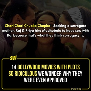 What's your favourite BAD Bollywood movie? Like a film so bad that it's good. Well, if we're to sit down and frame a list, it can go on till the end of time. You see, there are limitless movies and scenes in the Hindi film universe that defy the notion of common sense. No, not the regular hero-heroine love shiz, there are film plots so outrageous you won't believe they're real. 
We've tried and namedropped some of those. Tap the Link in Bio to know 14 worst Bollywood plotlines of all time.
#SWEditDesk #bollywoodmovies