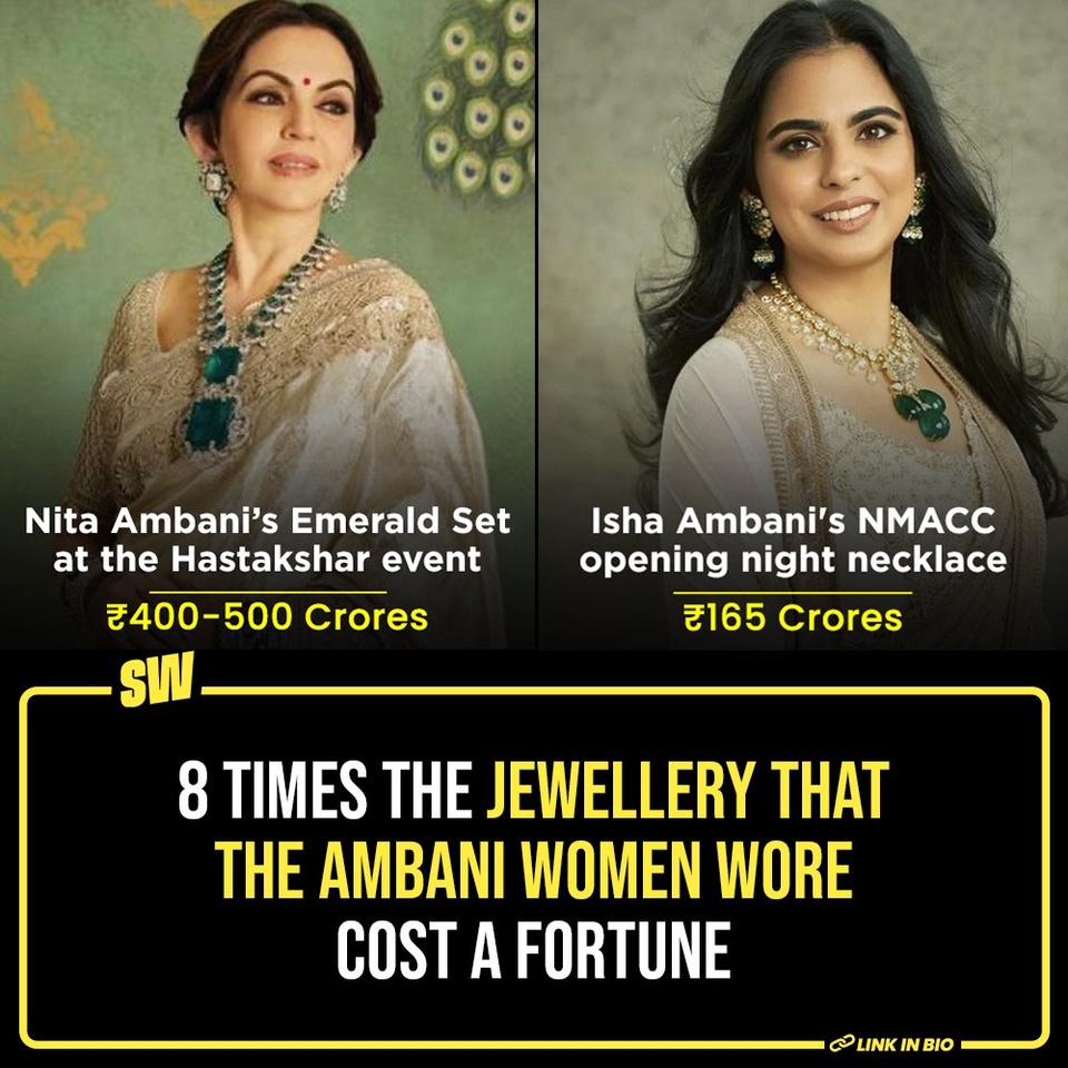 In the spirit of the pre-wedding celebrations of Anant Ambani and Radhika Merchant taking over the entire nation's IG feed, we've decided to dedicate a story to the Ambani family's lovely and nothing short of stunning jewellery collection. Because have you SEEN the kind of jewellery they wear? Hello? Not only are they a fashion statement, but we can't help but be curious about the cost of these hefty pieces.

Click the Link in Bio to take a look.

#SWEditDesk #AmbaniWedding #MukeshAmbani #ambaniprewedding