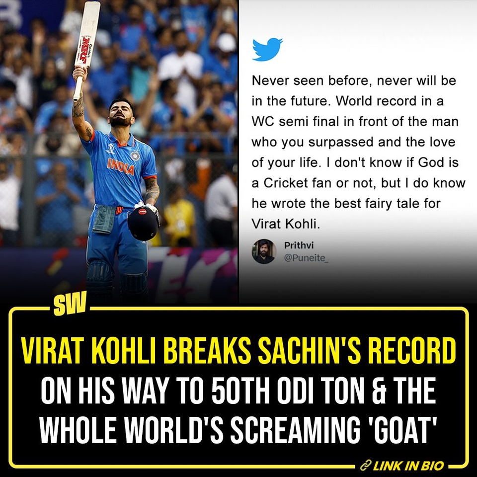 The India vs New Zealand semi-final World Cup match has got the whole country glued to the screens; and it won't be wrong to say that a major reason has been Virat Kohli. The cricketer hit a century, his 50th in ODIs and with that he has surpassed the record of his biggest inspiration and hero - Sachin Tendulkar. Click the link in the bio to see how people reacted to this humongous feat. 

#WorldCup2023 #WorldCup #ViratKohli