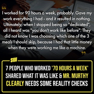 There are too many opinions these days, on youth and the work culture that they respond do. A common belief is that this generation is lazy, and having a work-life balance, means slacking off. Recently, Narayana Murthy talked about the need for the youth to work as much as 70 hours a week. He added that India's work productivity is low, and the youth should do something for "their country". Understandably, this comment received flak from people on the internet, and we decided to talk to 7 people who have actually worked for 70 hours a week. Click the link in the bio to know what they said.

#SWEditDesk #NarayanaMurthy #WorkLife