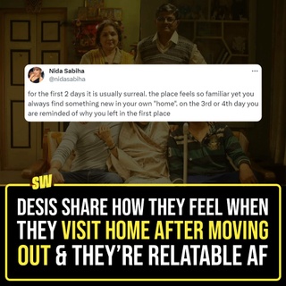 Moving out is a right of passage that everyone needs to experience in life. It’s a huge character development move and you’ll definitely come out the other end as a person who has undergone immense personal growth. But that doesn’t mean a lack of downsides or uncomfortable moments. You do miss home, you do miss your family (no matter how much they get on your nerves), and so there is a sense of longing you feel at times.

Click the Link in Bio to check out how Desi GenZs feel about visiting home after they've moved out. It is a stark reminder that adulting is such a complicated process; we really do deserve to give ourselves more grace in life!

✍: @quaintharshita 

#SWEditDesk #MovingOut #GenZexperience