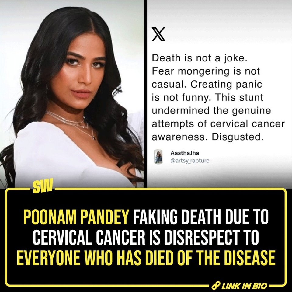 Yesterday morning, we woke up to the shocking news of Poonam Pandey passing away. As her management confirmed the news, the entertainment industry and her well-wishers mourned her death.

However, this afternoon, the model-actor released a video on her social media announcing that she’s alive and hasn't died of cervical cancer. In the video, she said that her intent was to spread awareness about cervical cancer, a disease that has claimed numerous lives.

Needless to mention, the internet called her out and criticized her for ‘faking’ her death.

#SWEditDesk #poonampandey 

@aaliyahjainx