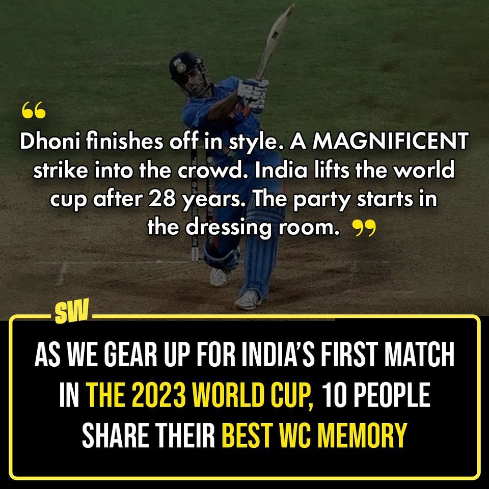 Cricket buff or not, almost all of us has at least one core memory associated with the sport. As we are gearing up for India’s first match against Australia today in the 2023 ICC Men’s Cricket World Cup, we are looking back at personal favourite memories people have associated with the previous men’s WC tournaments, and they’re a deep dive into nostalgia. 

Click the Link in Bio to take a look.

✍️: @sabharwalvas 

#SWEditDesk #WorldCup2023 #WorldCup #IndiaVsAustralia