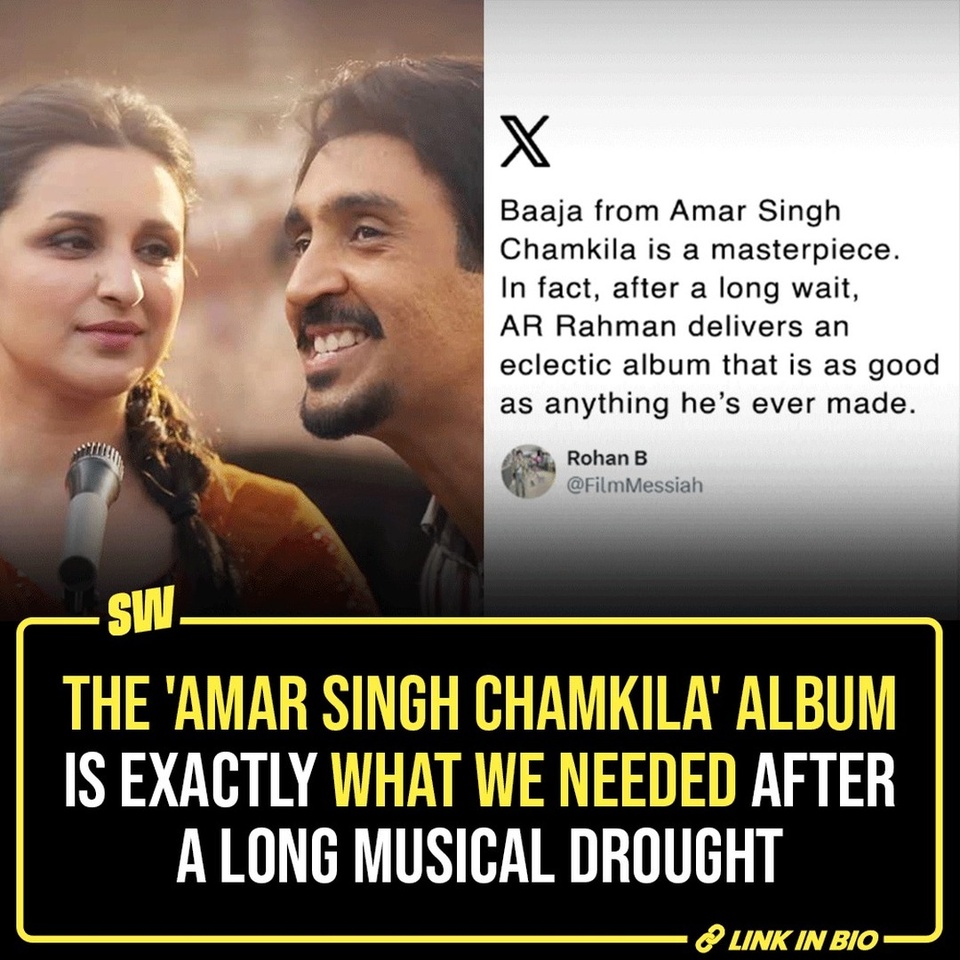 In the Amar Singh Chamkila trailer, Kumud Mishra's character says: "Jab duniya mein tanav badhta hai, tab janta ke mann mein entertainment ki bhook aur bhi badh jaati hai." It goes for cinema, but it definitely goes for music. For the longest time, we've been using music as a form of expression - and somehow entertainment comes with it. It's a big thing, you know, to be able to convey something important whilst somehow making people feel good about it. Amar Singh Chamkila feels like a nice reminder, especially with its very nuanced music album. 

#SWEditDesk

@manyailawadi