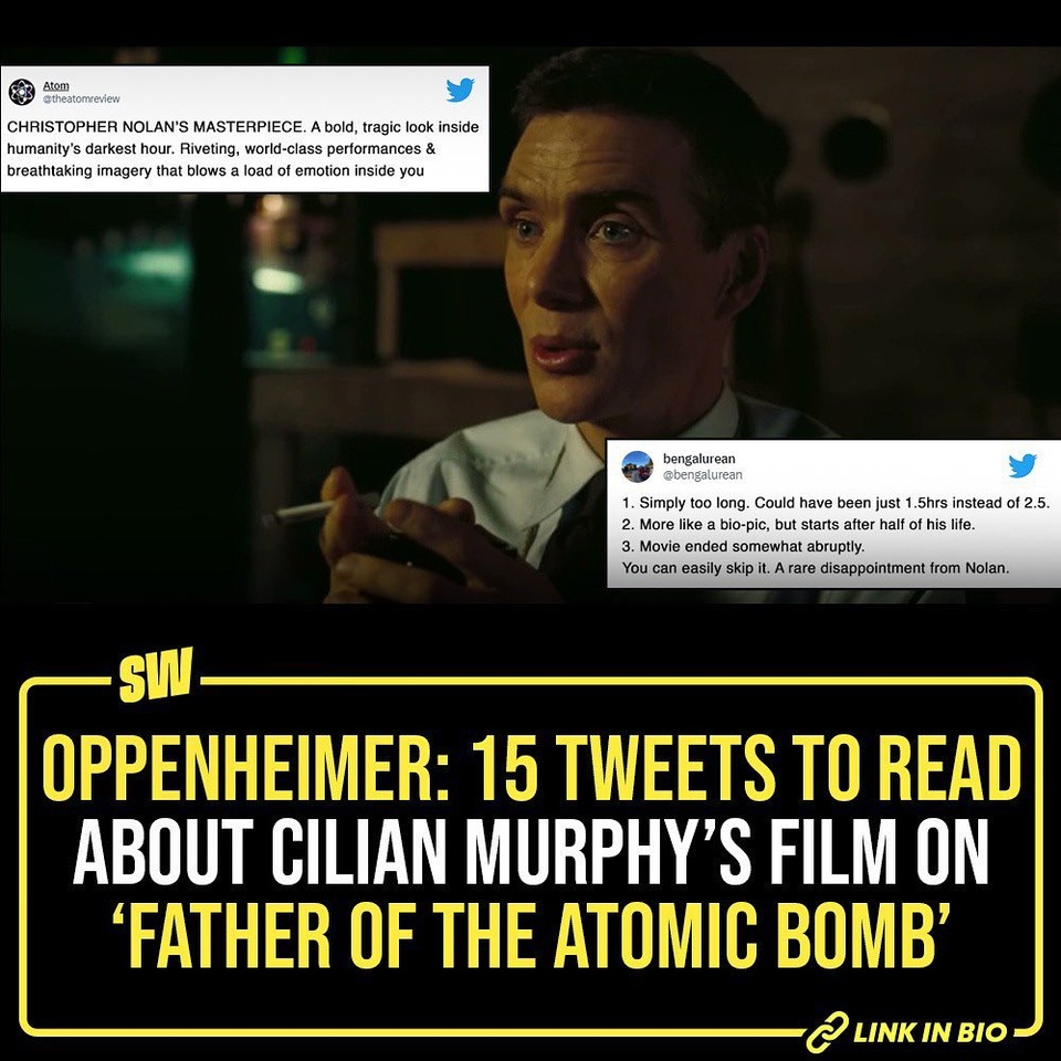 Oppenheimer, the epic biographical thriller film, released in theatres today (July 21). Directed by Christopher Nolan, the movie is based on American Prometheus, the 2005 biography of American physicist J. Robert Oppenheimer, who is often credited as the ‘father of the atomic bomb’. Irish actor Cilian Murphy is playing the titular character in the film. Emily Blunt is cast as his on-screen wife, and Robert Downey Jr. is essaying a pivotal role in it. Oppenheimer is clashing with Barbie at the box office.

Now, if you are confused about which movie to pick, head to the link in our bio to read 15 tweets about Oppenheimer that will help you make a choice

#SWEditDesk #oppenheimer
