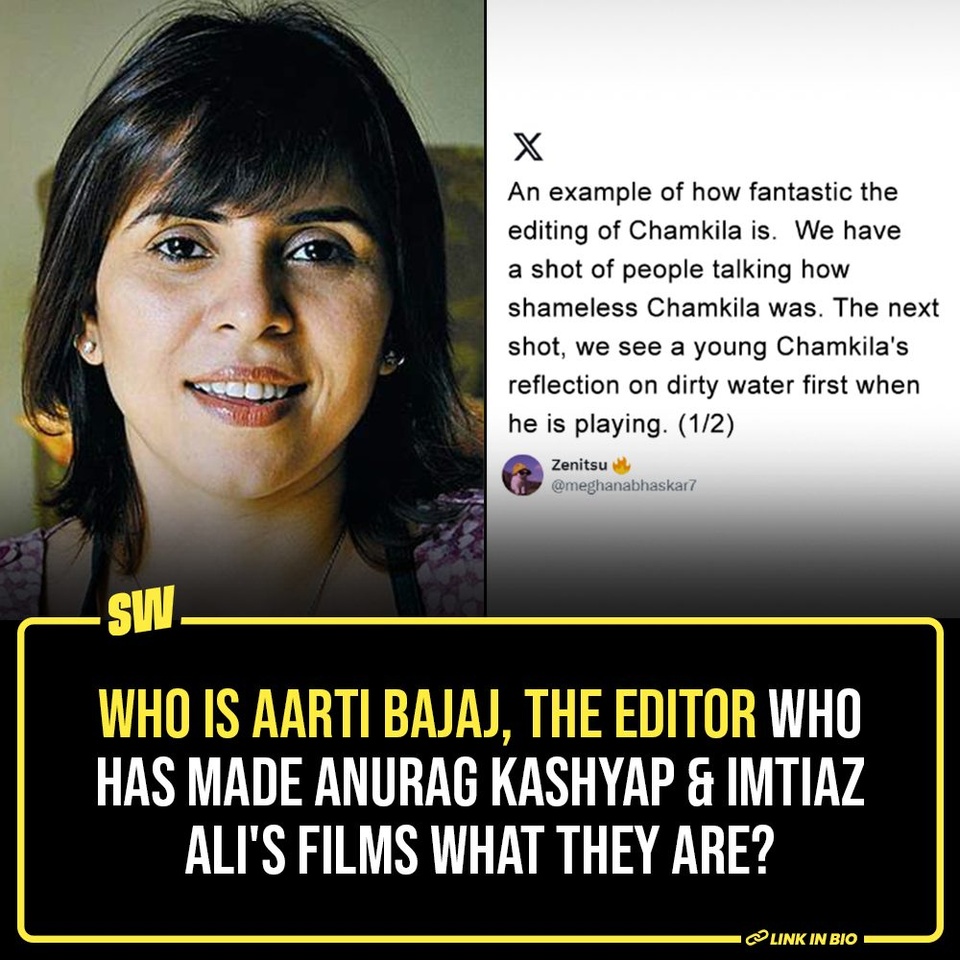 In an interview that I now struggle to remember, a filmmaker says, "On the edit table, a movie is made for the second time". That is the importance of the craft and people who pursue it.

With that as context, we look at Netflix's latest 'Amar Singh Chamkila'. The movie made me go through several feelings - some scenes made me smile, some made me cry and some were simply eye-opening. The film had a brilliant star cast and music album, but the one thing that stood out to me was its masterful editing.

From showcasing the 1984 riots through a song to depicting the protagonists as comic characters to add a dash of amusement in some scenes, the editing made the movie what it is - a cinematic gem - and, the person behind this is Aarti Bajaj.

#SWEditDesk

@aaliyahjainx