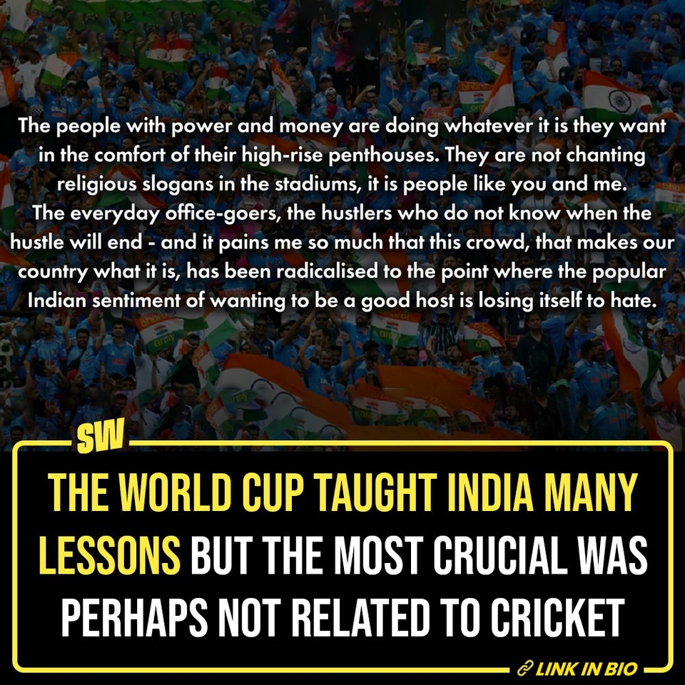 Before India braces itself for another big sporting event, it might be important to see if we are even ready; because right now, the situation seems less than ideal. During the group-stage game between India and Pakistan, the Ahmadabad crowd started chanting ‘Jai Shree Ram’ as the opposition batter Muhammad Rizwan was making an exit after getting dismissed. Now, while I am not a fan of comparing one tragedy with another – even if the latter is hypothetical – in this case, it seems necessary. If the Indian cricket team was met with such aggressive chanting in any other part of the world today, the BCCI would have very likely boycotted the whole tournament. And rightfully so. Then why are we not treating the issue with the same sensitivity when one of us is culpable?

The answer to this question is elaborate but obvious.

Click the link in the bio to read more.