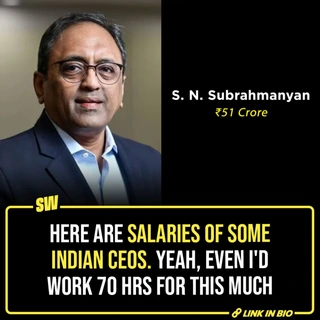 Recently, the chairman of Larsen & Toubro Mr. SN Subrahmanyan was in the headlines for stating that employees must work 90 hours per week, including Sundays. When the internet was enraged by his statement, some publications reported that his total salary was ₹51 Cr in 2023-24, nearly 534 times the median salary of the employees of L&T! This unfathomable figure made us (cry a little and then) curate a list of the highest earning CEOs or heads of Indian companies. Click the link in the bio to have a look (and cry with us).

✍️: @soumyasekhardas

[ Larsen & Toubro , L & T , CEO , chairman , salary ]

#SWEditDesk