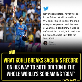 The India vs New Zealand semi-final World Cup match has got the whole country glued to the screens; and it won't be wrong to say that a major reason has been Virat Kohli. The cricketer hit a century, his 50th in ODIs and with that he has surpassed the record of his biggest inspiration and hero - Sachin Tendulkar. Click the link in the bio to see how people reacted to this humongous feat. 

#WorldCup2023 #WorldCup #ViratKohli