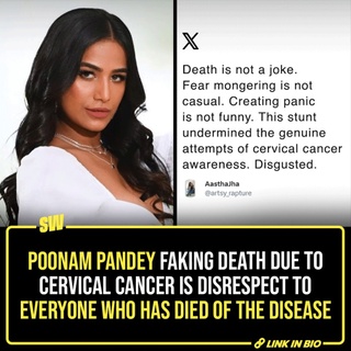 Yesterday morning, we woke up to the shocking news of Poonam Pandey passing away. As her management confirmed the news, the entertainment industry and her well-wishers mourned her death.

However, this afternoon, the model-actor released a video on her social media announcing that she’s alive and hasn't died of cervical cancer. In the video, she said that her intent was to spread awareness about cervical cancer, a disease that has claimed numerous lives.

Needless to mention, the internet called her out and criticized her for ‘faking’ her death.

#SWEditDesk #poonampandey 

@aaliyahjainx