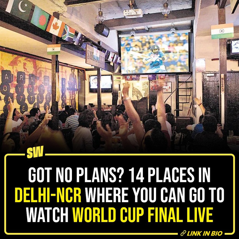 It's the ICC World Cup Final tomorrow, and it must be watched in a pack 'cos it's all about the vibe! In case you haven't got some house party to watch the match, we have got you covered. 

Since it's India vs Australia tomorrow, we have curated some really cool places you can head to in Delhi-NCR to watch the match, and perhaps enjoy a cold one over all the excitement. 

Click the Link in Bio to make them Sunday plans.

@quaintharshita 

#SWEditDesk #WorldCupFinal #WorldCup2023 #IndvsAus #delhi