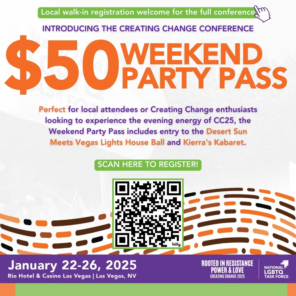 Get your Weekend Party Pass for the hottest events at Creating Change! Perfect for locals & #CC25 fans to celebrate resistance, power and love Fri & Sat night. #CreatingChange2025 Tap link in bio! #sponsored by @thetaskforce  